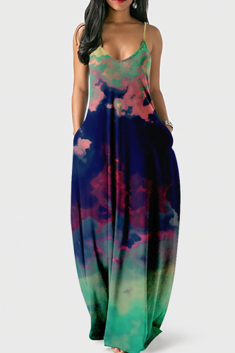 Deep Blue Sexy Print Patchwork Spaghetti Strap Sling Dress Dresses