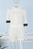 White Casual Solid Patchwork Buttons Turndown Collar Regular Romper