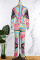 Multicolor Casual Print Bandage Patchwork Buckle Turndown Collar Long Sleeve Two Pieces