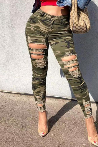 Camouflage Sexy Street Print Camouflage Print Ripped Patchwork Skinny High Waist Pencil Full Print Bottoms