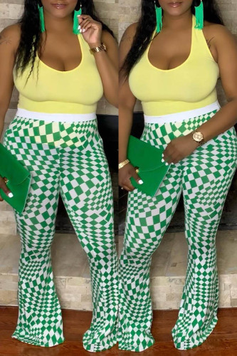 Green Casual Print Basic Plus Size High Waist Trousers