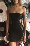 Black Sexy Solid Bandage Hollowed Out Patchwork Strapless Pencil Skirt Dresses
