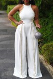 White Sexy Solid Patchwork O Neck Regular Jumpsuits