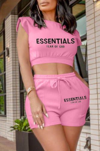 Pink Casual Letter Print Basic O Neck Sleeveless Two Pieces