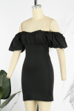 Black Casual Solid Backless Cross Straps Off the Shoulder Short Sleeve Dress Dresses
