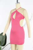 Rose Red Sexy Solid Hollowed Out Backless Cross Straps Spaghetti Strap Sleeveless Dress Dresses