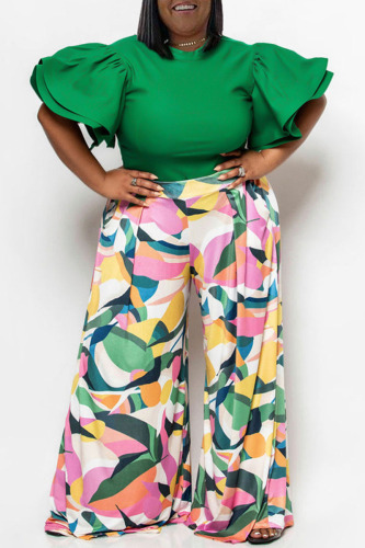 Green Casual Print Patchwork O Neck Plus Size Two Pieces