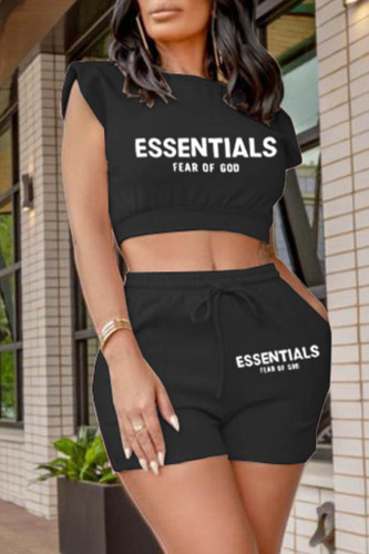 Black Casual Letter Print Basic O Neck Sleeveless Two Pieces