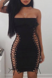 Black Sexy Solid Bandage Hollowed Out Patchwork Strapless Pencil Skirt Dresses