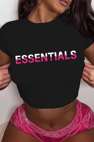 Black Casual Print Letter O Neck T-Shirts