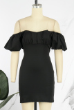 Black Casual Solid Backless Cross Straps Off the Shoulder Short Sleeve Dress Dresses