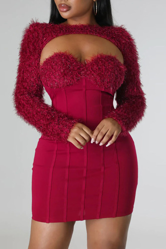 Burgundy Sexy Solid Patchwork Strapless Three Quarter Two Pieces