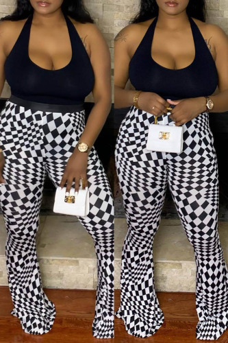 Black Casual Print Basic Plus Size High Waist Trousers