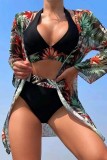 Green Sexy Print Patchwork Swimsuit Three Piece Set (With Paddings)