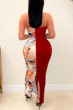 Red Sexy Print Patchwork Strapless Pencil Skirt Dresses