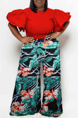 Red Casual Print Patchwork O Neck Plus Size Two Pieces