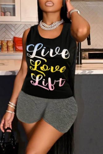 Black Casual Print Basic U Neck Sleeveless Two Pieces