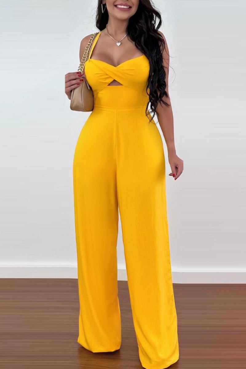 Wholesale Yellow Sexy Casual Solid Hollowed Out Backless Spaghetti Strap Regular Jumpsuits 4029