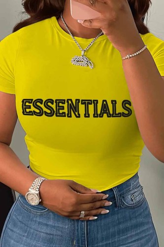 Yellow Casual Print Letter O Neck T-Shirts