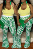 Green Casual Print Basic Plus Size High Waist Trousers