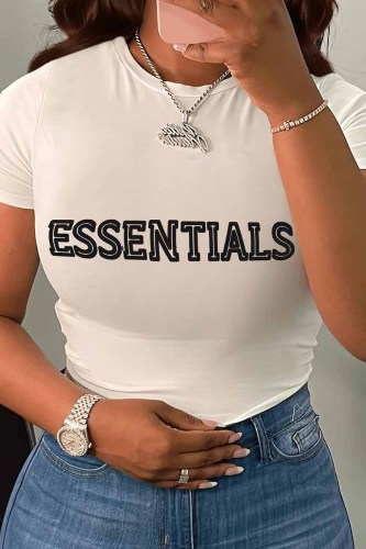 White Casual Print Letter O Neck T-Shirts