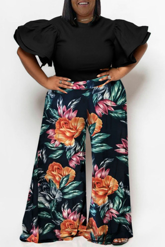 Black Casual Print Patchwork O Neck Plus Size Two Pieces