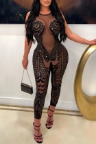 Black Sexy Patchwork Sequins See-through O Neck Skinny Jumpsuits