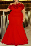 Red Sexy Solid Patchwork Feathers Strapless Evening Dress Plus Size Dresses