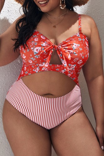Red Sexy Print Backless Spaghetti Strap Plus Size Swimwear (With Paddings)
