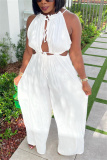 White Casual Solid Hollowed Out Solid Color Halter Straight Jumpsuits