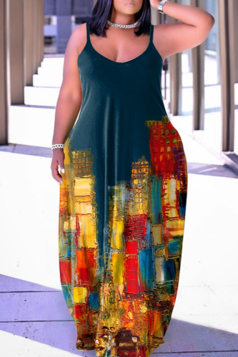 Tibetan Blue Sexy Casual Print Backless Spaghetti Strap Long Dress Dresses
