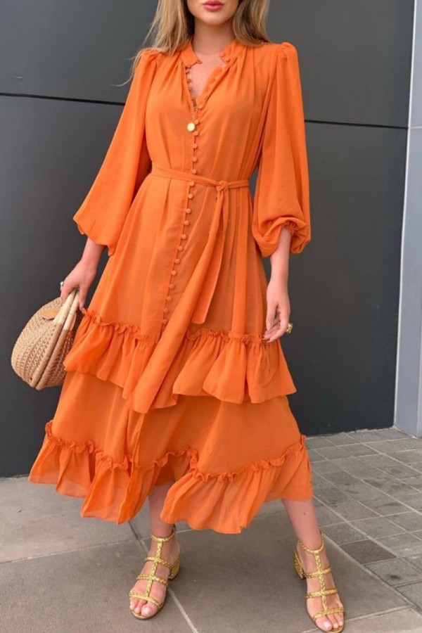 Orange Casual Solid Patchwork V Neck Long Sleeve Dresses