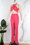Rose Red Sexy Solid Patchwork Fold Without Belt Halter Sleeveless Two Pieces