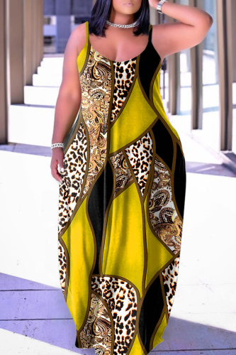 Yellow Sexy Casual Print Backless Spaghetti Strap Long Dress Dresses