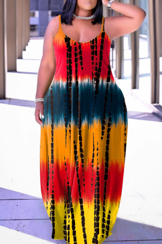 Tangerine Red Sexy Print Backless Spaghetti Strap Long Dress Dresses