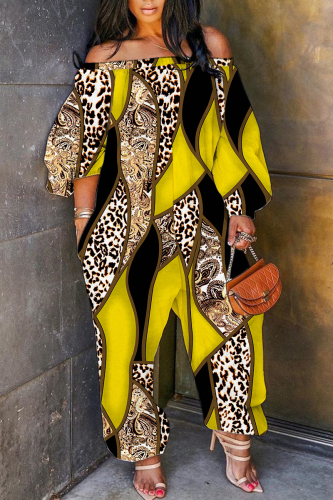 Yellow Casual Print Backless Off the Shoulder Regular Jumpsuits