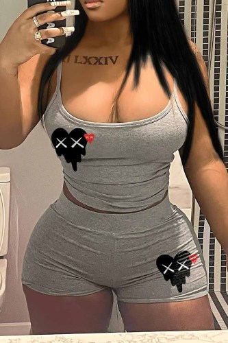 Grey Sexy Street Print Patchwork Spaghetti Strap Sleeveless Two Pieces