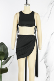 Black Sexy Solid Bandage O Neck Sleeveless Two Pieces