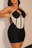 Black Sexy Patchwork Backless Oblique Collar Sleeveless Dress Dresses