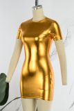 Gold Casual Solid Basic O Neck Short Sleeve Dress
