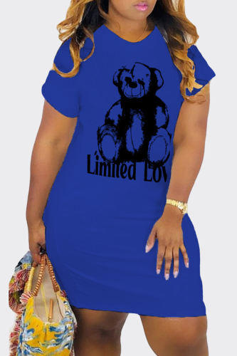 Blue Casual Print Patchwork O Neck Straight Plus Size Dresses
