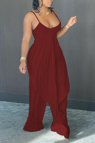 Burgundy Sexy Solid Patchwork Spaghetti Strap Sleeveless Two Pieces