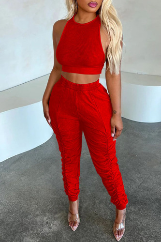 Red Casual Solid Patchwork Fold O Neck Sleeveless Two Pieces