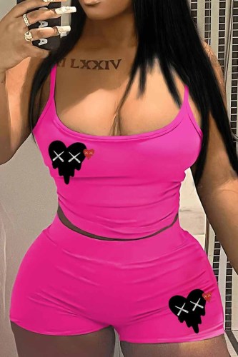 Pink Sexy Street Print Patchwork Spaghetti Strap Sleeveless Two Pieces