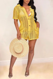 Yellow Sexy Solid Hollowed Out Patchwork Buckle Turndown Collar Straight Rompers