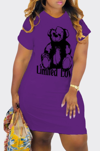 Purple Casual Print Patchwork O Neck Straight Plus Size Dresses