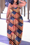 Red Yellow Casual Flag Stars Print Floor Length Backless Sleeveless African Style Loose Cami Maxi Dress
