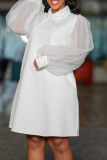 White Casual Elegant Solid Patchwork Beading Turndown Collar Straight Dresses