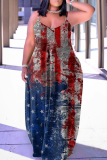 Red Blue Sexy Casual Print Backless Spaghetti Strap Long Dress Dresses