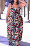 Multicolor Casual Flag Stars Print Floor Length Backless Sleeveless African Style Loose Cami Maxi Dress